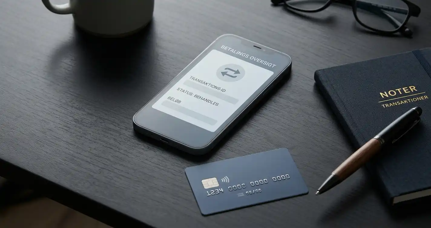 Telefon, betalingskort og digitale betalingssymboler arrangeret på et skrivebord