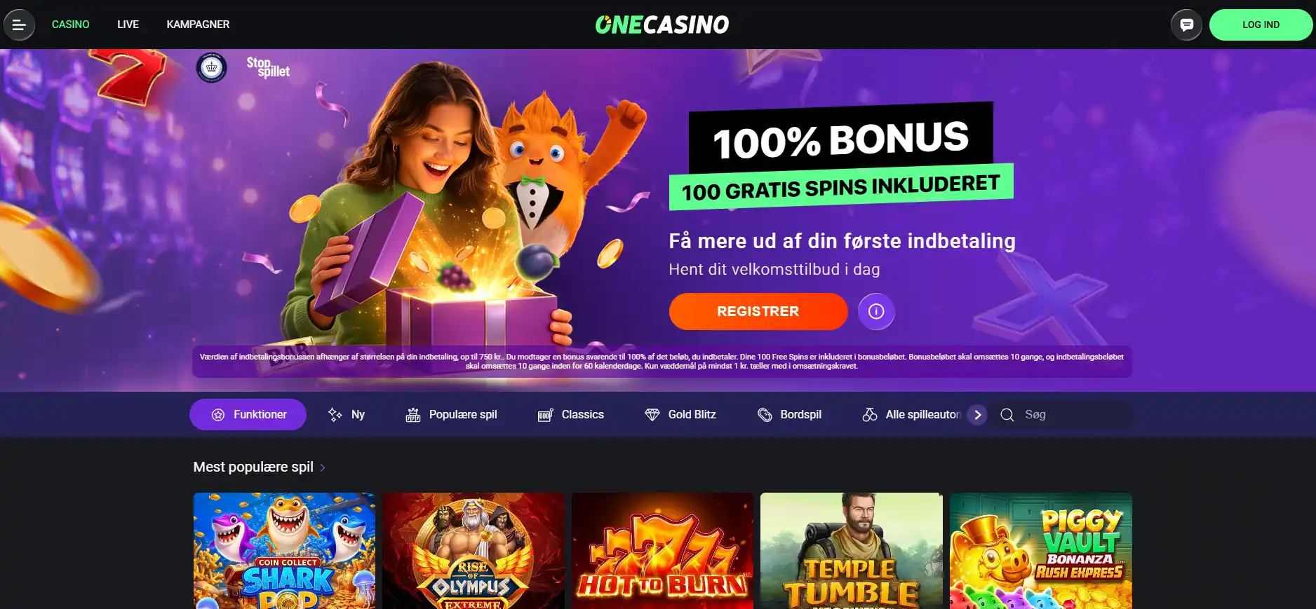 OneCasinos danske casinoside med navigation og spilrækker vist i en browser