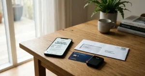 Smartphone, betalingskort og digital tegnebog på et dansk hverdagsbord