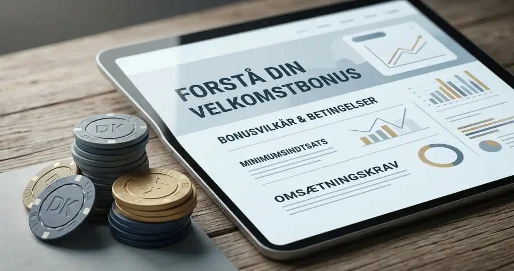 Neutrale casinochips ved siden af en kalender og en enkel regneblok på et mørkt bord