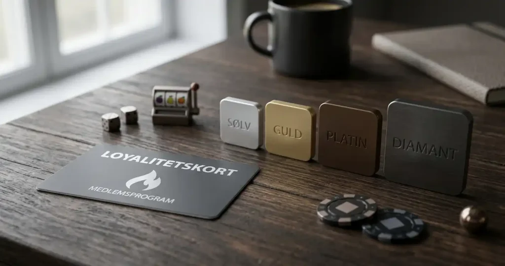 Loyalitetskort ved siden af en række stigende statusmarkører og diskrete symboler for casinospil