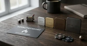 Loyalitetskort ved siden af en række stigende statusmarkører og diskrete symboler for casinospil