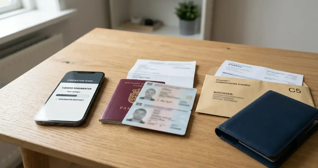Smartphone ved siden af identitetsdokumenter og en betalingskortmappe på et neutralt skrivebord