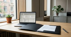 Dokumentmappe, bærbar computer og administrativt skrivebord med diskrete danske designelementer