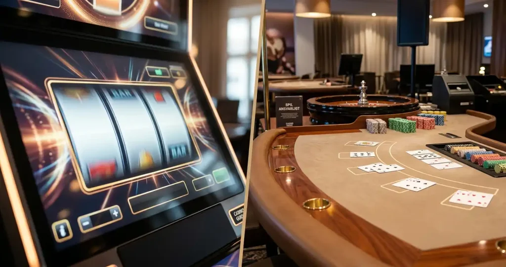 Delt casinoscene med digitale slotshjul og et live-dealer-bord i neutral belysning